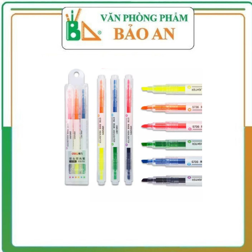 Bộ 3 chiếc bút highlight đánh dấu dòng hai đầu dạ quang Deli nhiều màu tiện dụng cho học sinh văn phòng trang trí sổ S736