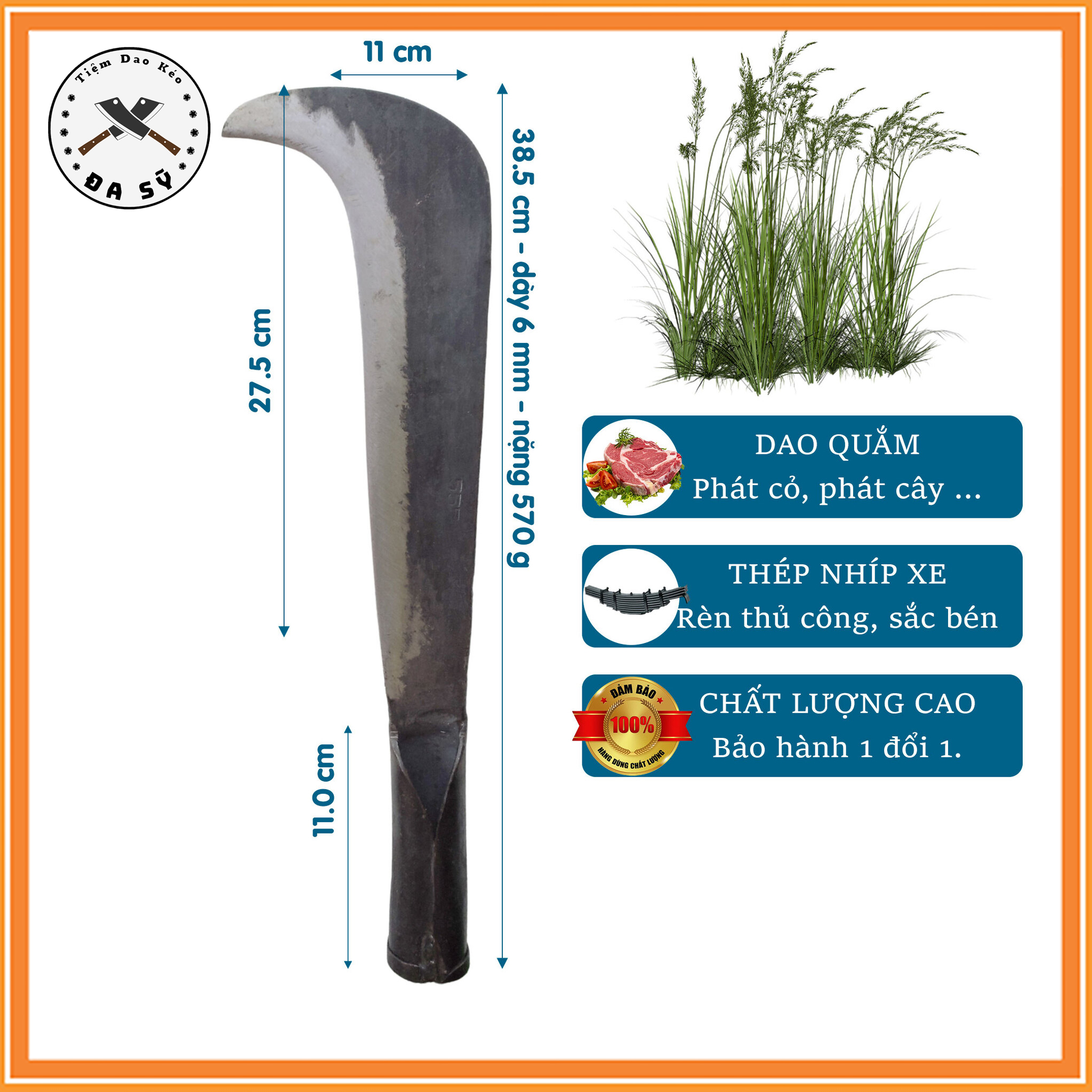 Dao Phát Cỏ, Phát Cây Loại Tốt, Dao Rèn Từ Thép Nhíp Xe Siêu Bền, Cán Gỗ Chắc Chắn