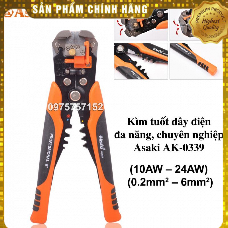 Kìm tuốt dây điện, bấm cos đa năng, tự động Asaki