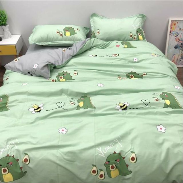 Set 4 Món Chăn Hè Trần Bông, Ga và 2 Vỏ Gối Chất Cotton Poly Mẫu KHỦNG LONG BƠ, hoạ tiết dễ thương dành cho gia đình, chotrẻ em
