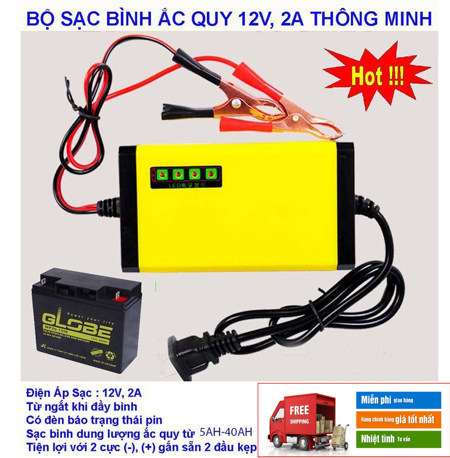 xac binh ac quy, ắc quy ô tô, Bộ sạc bình acquy 12v 2A thông minh,  tích hợp đa năng cho cả oto, xe máy, xe máy điện, xe đạp điện....