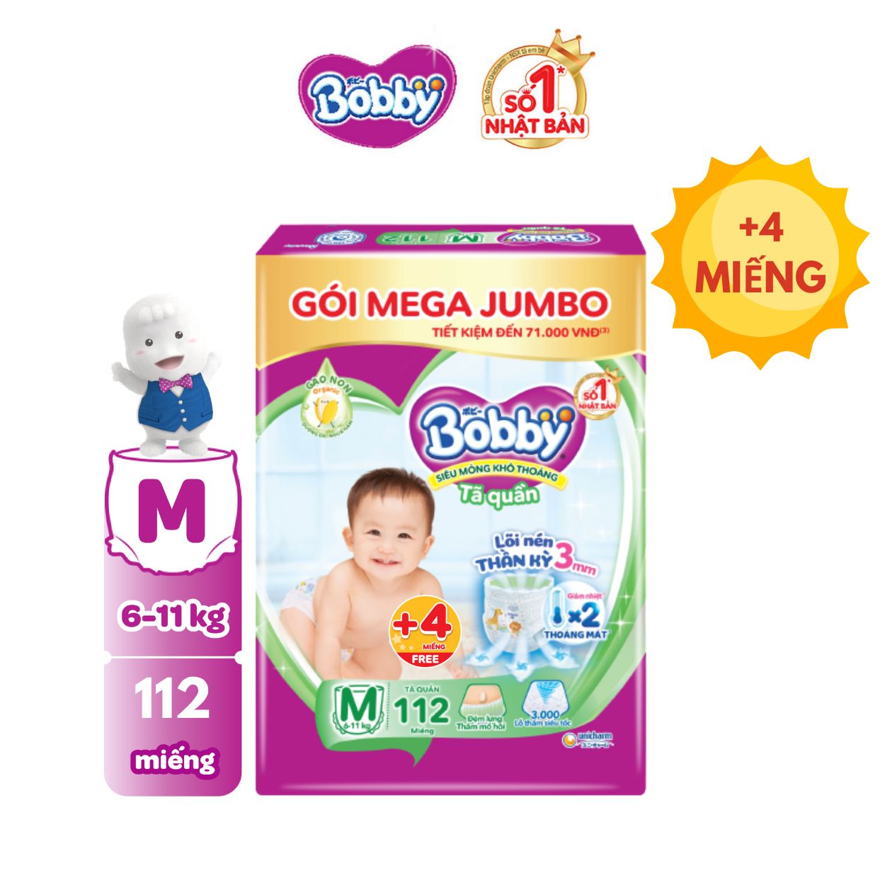 Tã/bỉm quần Bobby 3mm Mega Jumbo Gạo non Giảm nhiệt M112