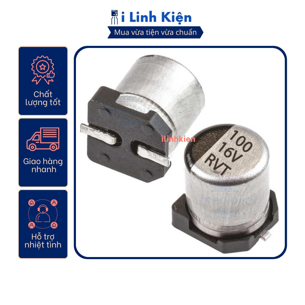 Tụ nhôm 16v 100uf 6.3x5.4mm chính hãng chất lượng tốt