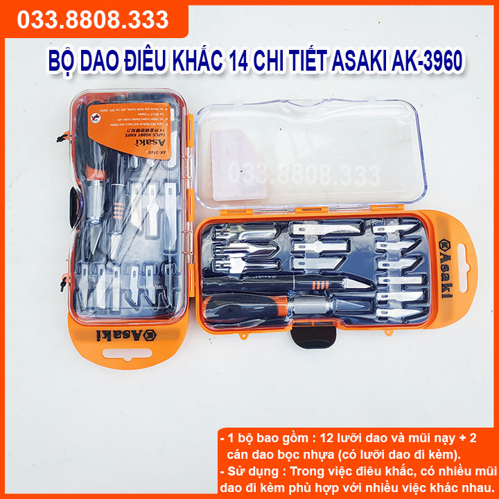 Bộ dao điêu khắc - Chiết ghép Cây cao cấp 14 chi tiết Asaki AK-3960 - Dao không rỉ bền đẹp