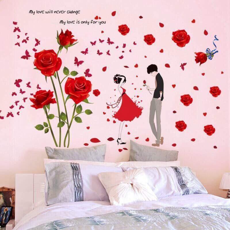 Combo 2 bức decal dán tường đôi uyên ương kết hợp hoa hồng tình yêu