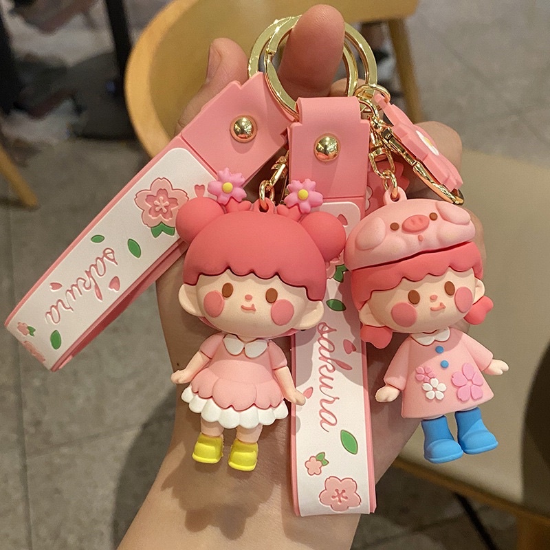 Móc khoá bé Hồng dễ thương A08, Móc chìa khoá bé gái cute màu hồng đáng yêu