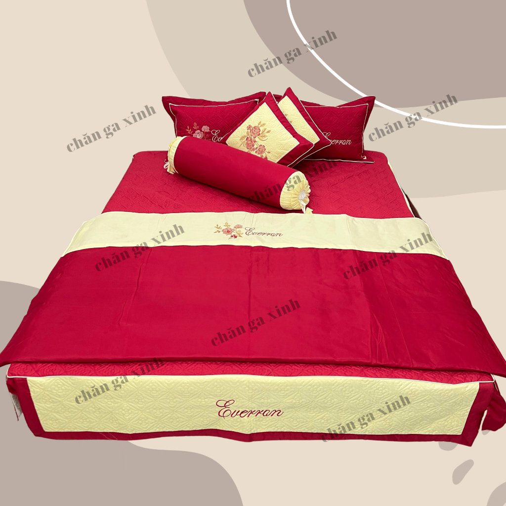 Trọn bộ chăn ga gối satin 5 món trần bông thêu hoa cao cấp dành cho mùa cưới ,làm quà biếu tặng