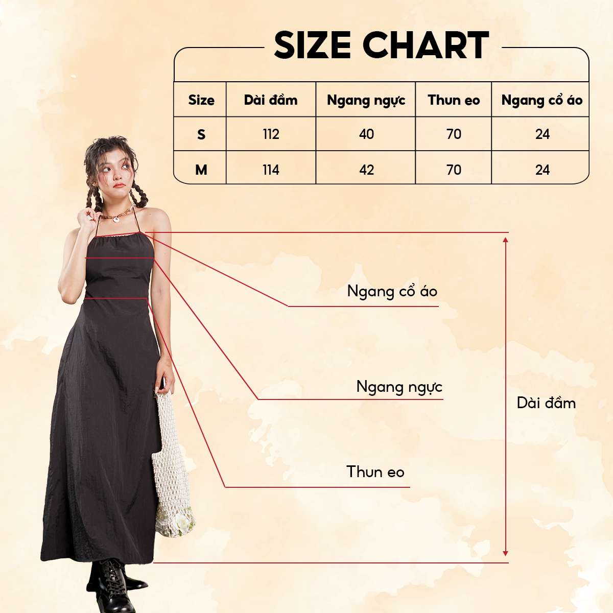DOTTIE - Đầm midi rút thun cổ yếm - Đen - D0514