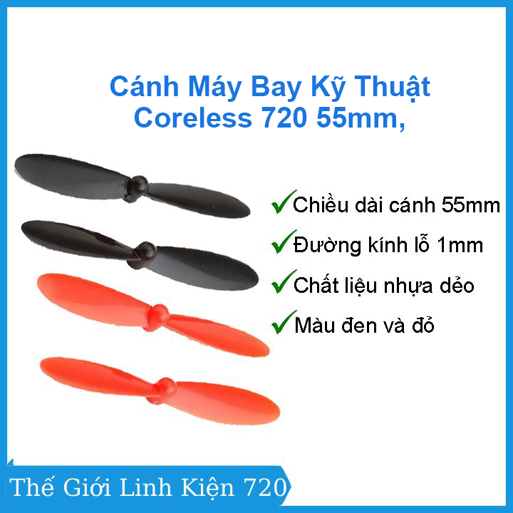 Bộ 4 cánh quạt cho động cơ máy bay Coreless 720 55mm, lỗ 1mm nhựa dẻo chống va đập tốt