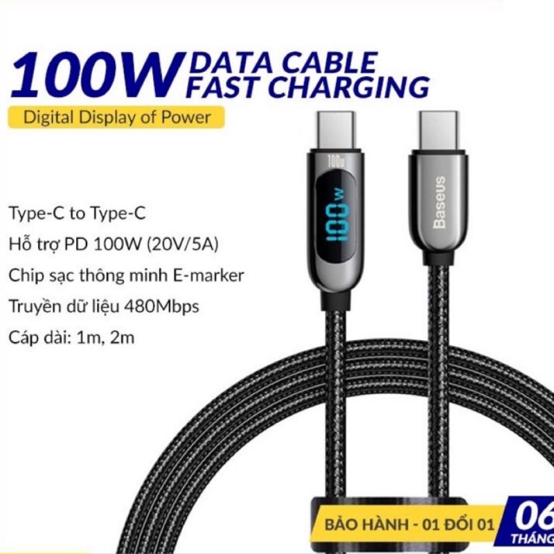 Cáp sạc nhanh Baseus 100W cổng Type C To Type C có led báo tự ngắt Display Fast Charging data