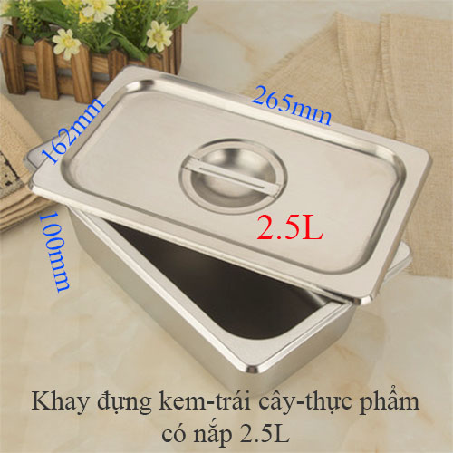 (inox dày) Khay inox có nắp đựng kem tươi, topping, thạch, trái cây GN 1/4x65