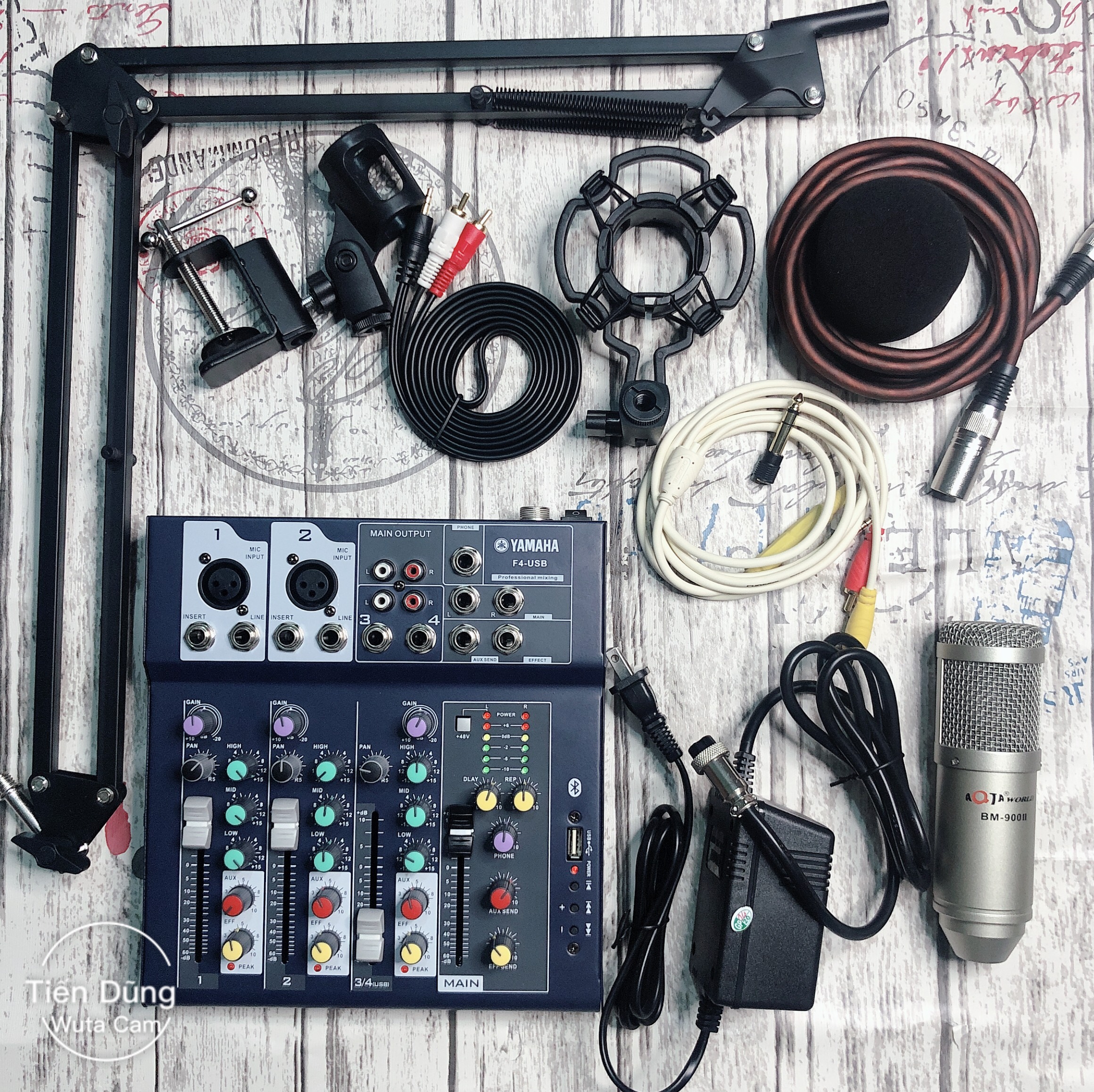 Bộ thu âm AQTA BM900 II mixer F4 Bluetooth chân dây livestream chế zắc 6.5 dây truyền nhạc full bộ