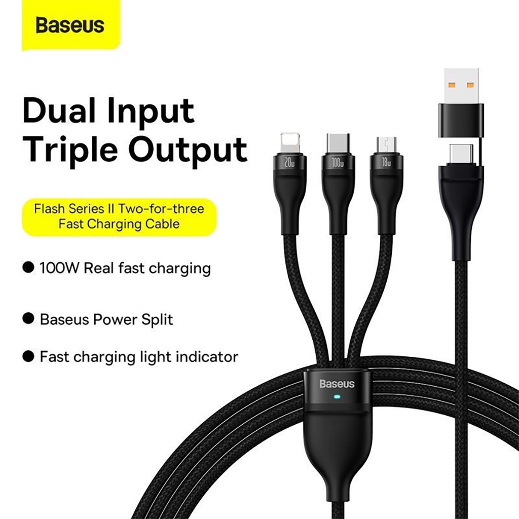 Cáp Sạc Nhanh 3 Đầu Baseus Flash Series 3 in1 Plus 100W (USB + Type C to Micro + Lightning + Type-C)