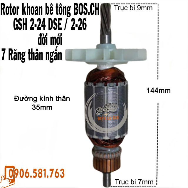 Rotor khoan bê tông bosch gbh 2-24 dse / 2-26 đời mới 7 răng thân ngắn - tặng chổi than