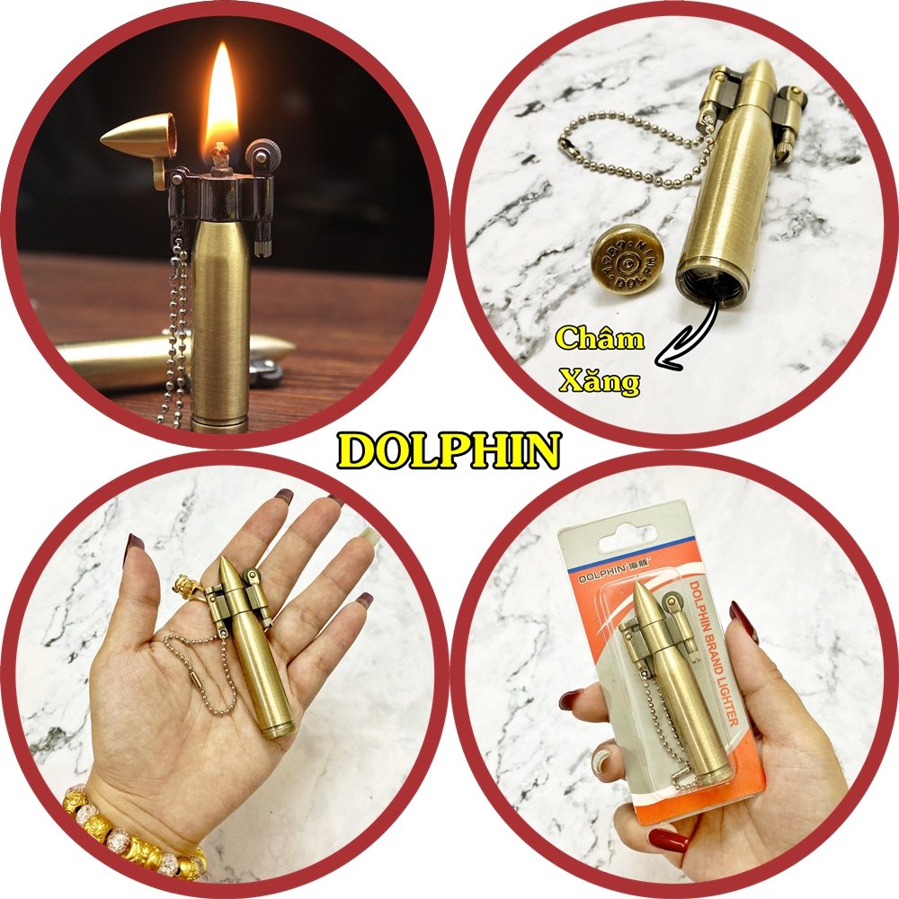 BẬT LỬA - MÓC KHÓA DOL.PHIN XĂNG ĐÁ CỔ HÌNH VIÊN ĐẠN (KIM LOẠI) - (XÀI XĂNG)