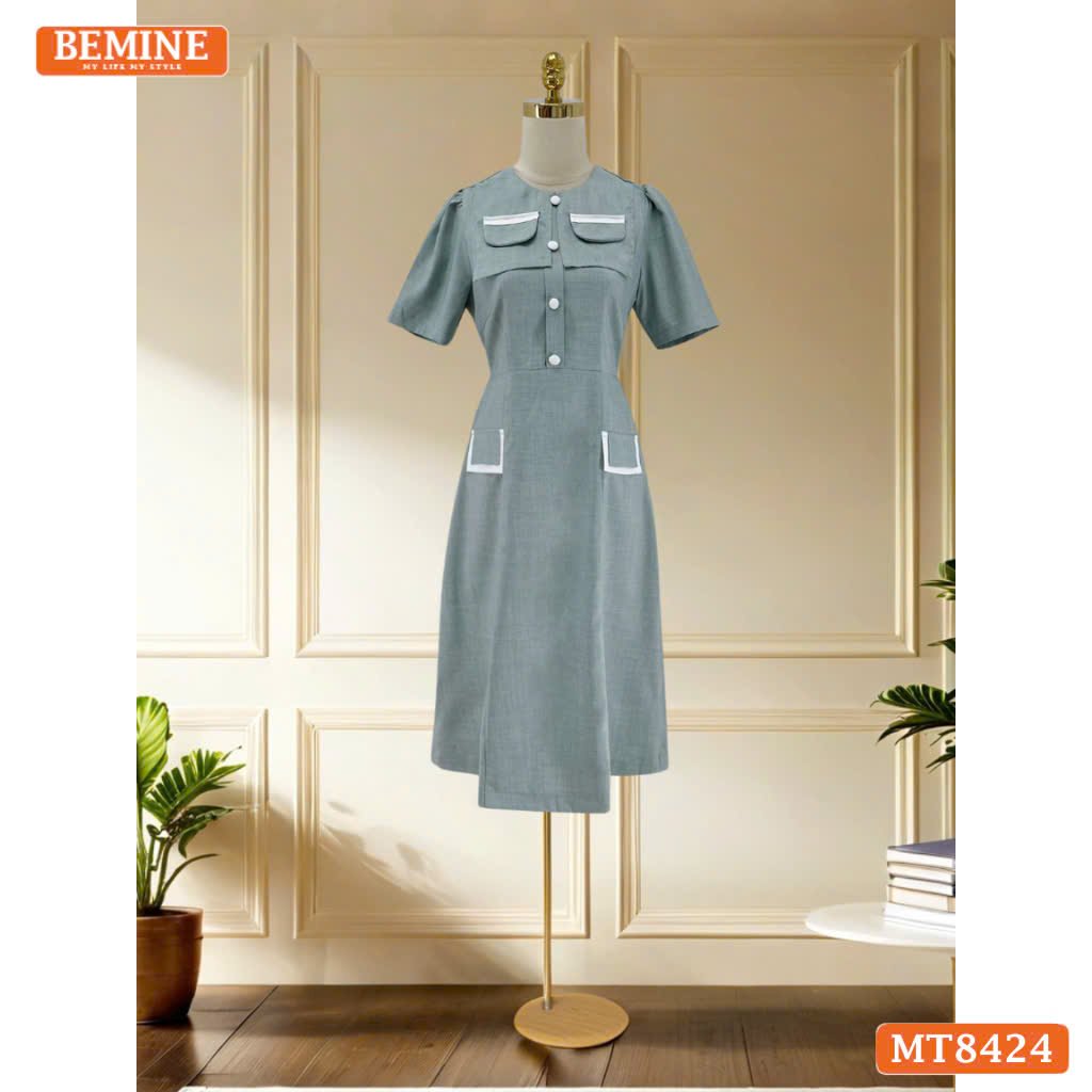 Đầm cổ tròn phối nắp túi tùng A BEMINE MT8424