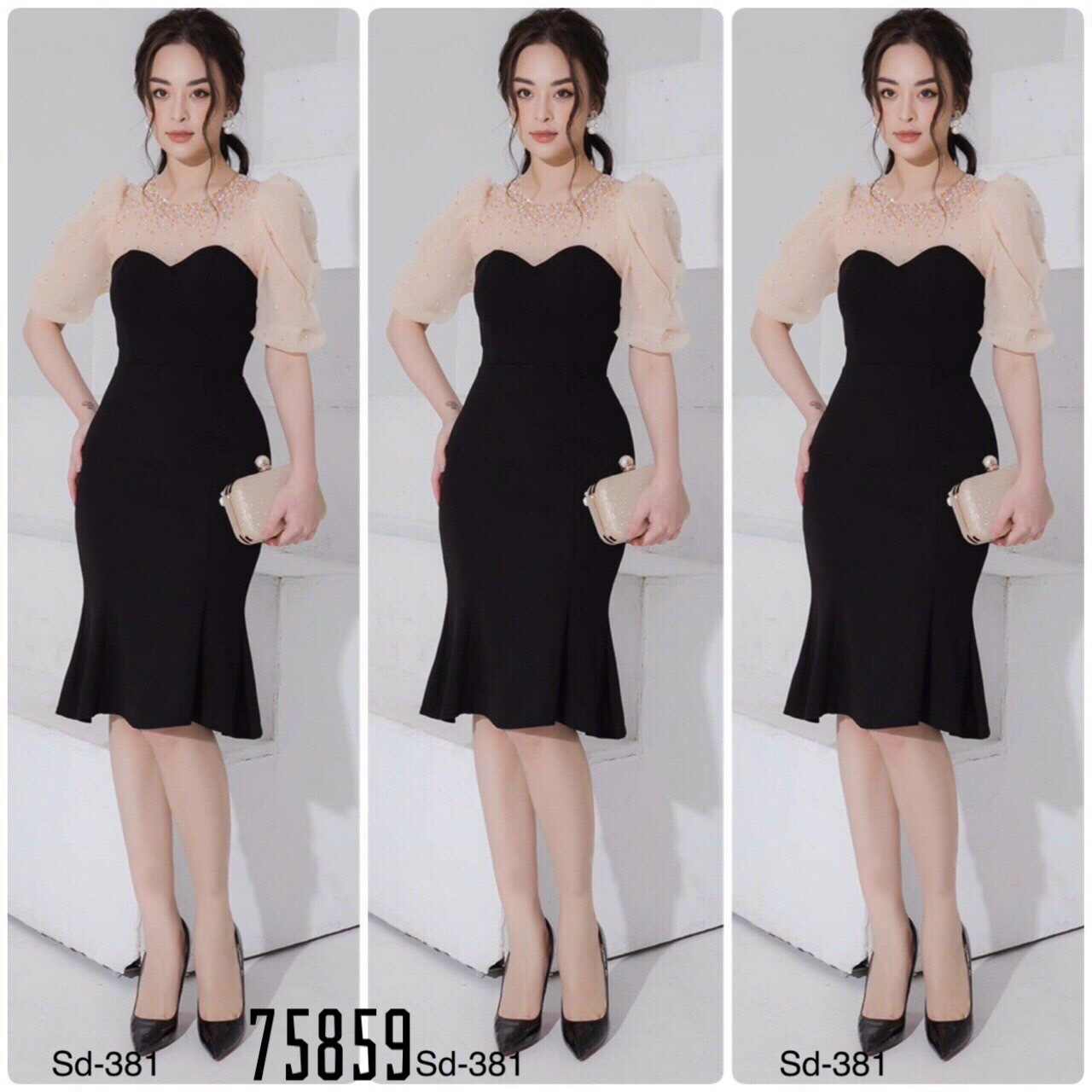 Đầm ôm đuôi cá phối voan ép đá