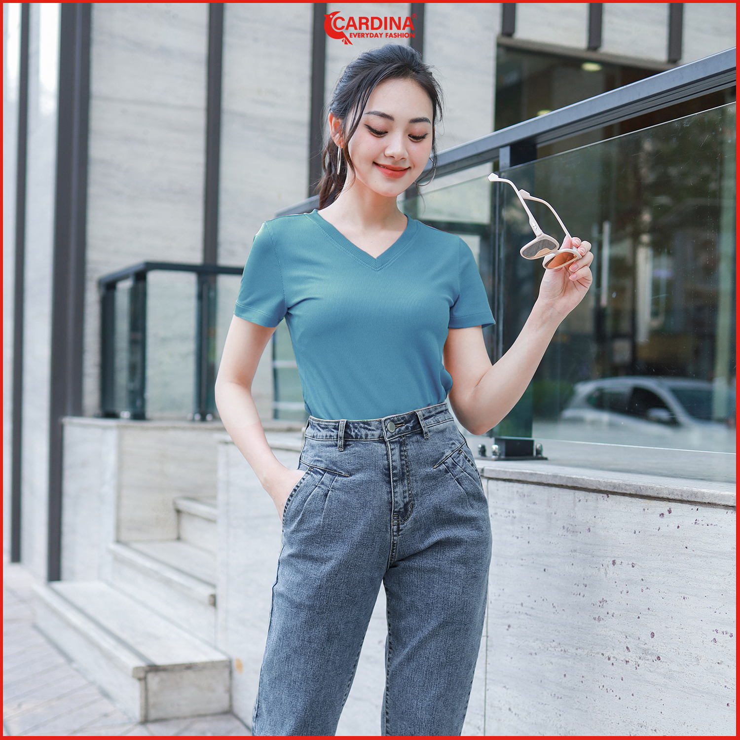 Áo thun nữ cardina chất tăm lạnh mềm mịn cổ tim tay cộc kiểu dáng basic 3af20 4afc06