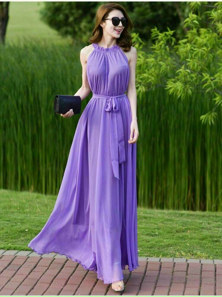 ĐẦM MAXI DÀI CỔ XẾP LY VOAN KÈM LÓT