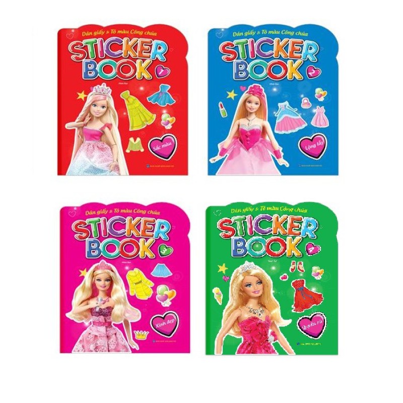 Sách - Combo 4 cuốn Sticker book - Giấy gián & tô màu công chúa 1-4 Quyến rũ (tặng kèm 4 trang sticker dán hình)- Mhbooks