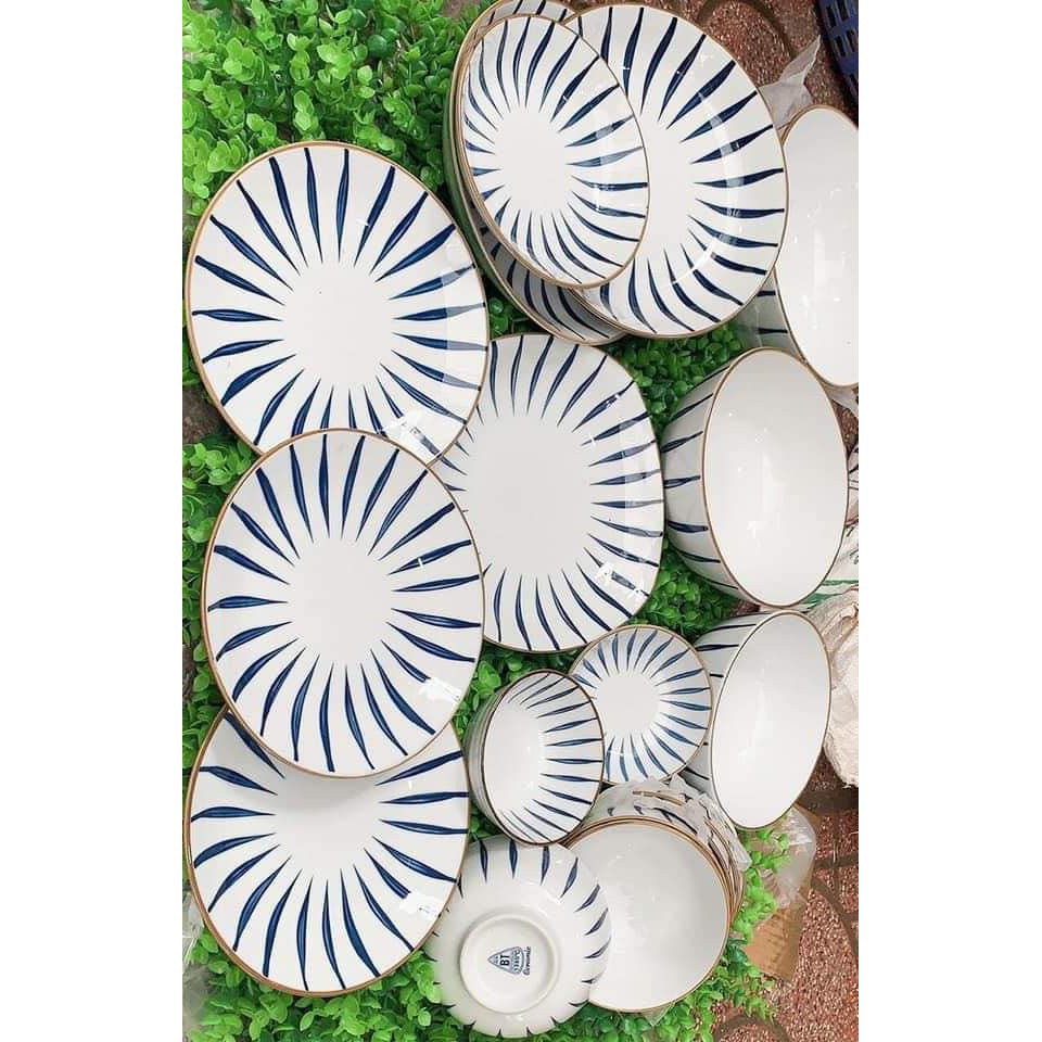 Bộ bát đĩa bát tràng 14 món hoa văn 606