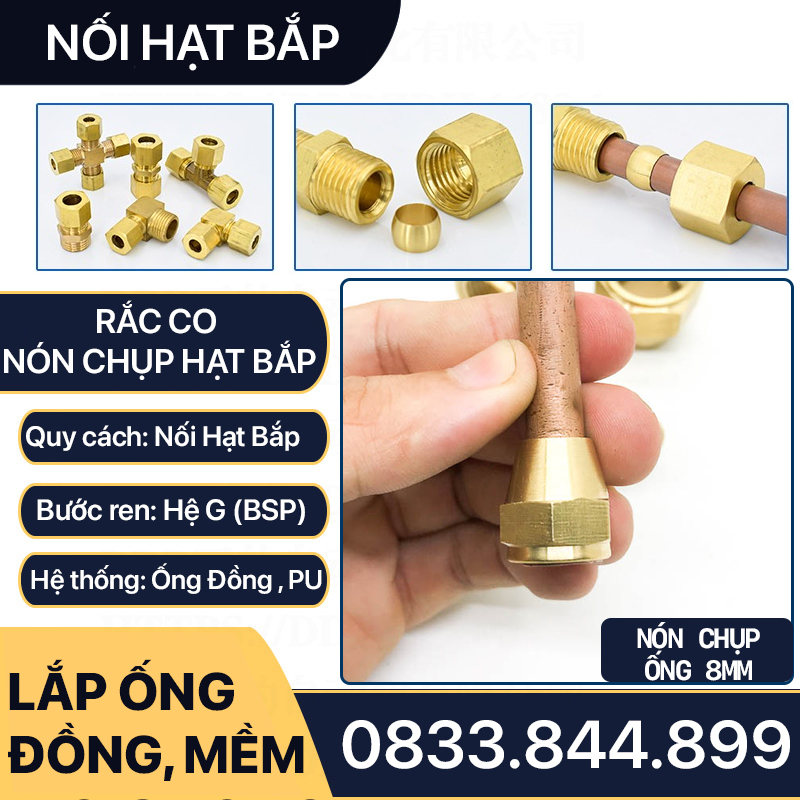 Nón Chụp Hạt Bắp, Rắc Co Siết Hạt Bắp Lắp Ống 6 8 10 12mm - Đồng Thau