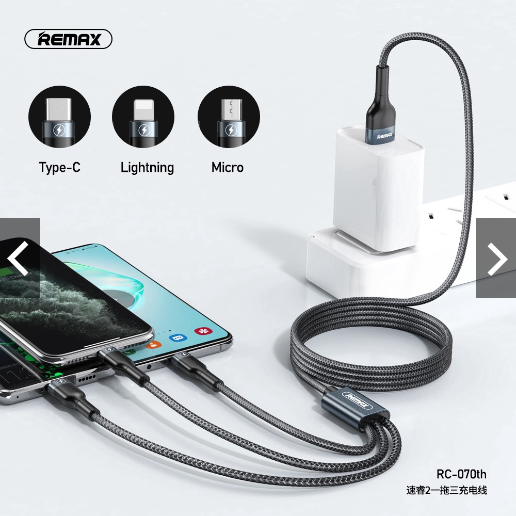 Cáp Sạc Remax 3 Đầu IPHONE - MICRO USB - TYPE C Dây Dù RC-070TH