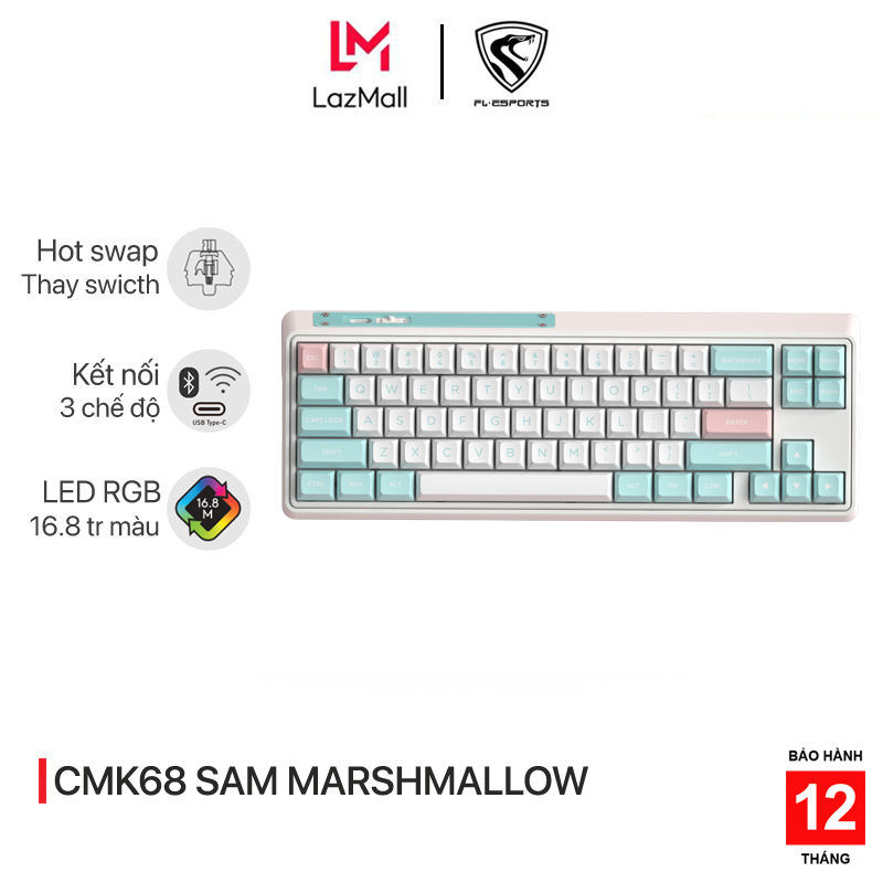 Bàn phím cơ không dây FL-Esports FL68 SAM Marshmallow RGB - 3 chế độ kết nối - Kailh Switch - Hàng chính hãng