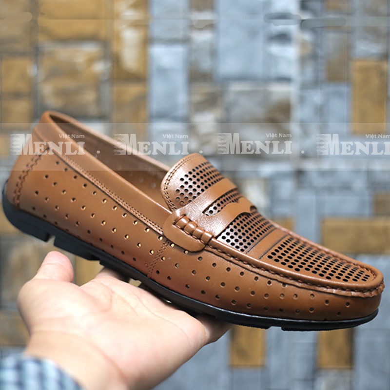Giày Lười Da Bò Thật Menli Glsp160 Đục Lỗ (Đen, Nâu, Vàng)