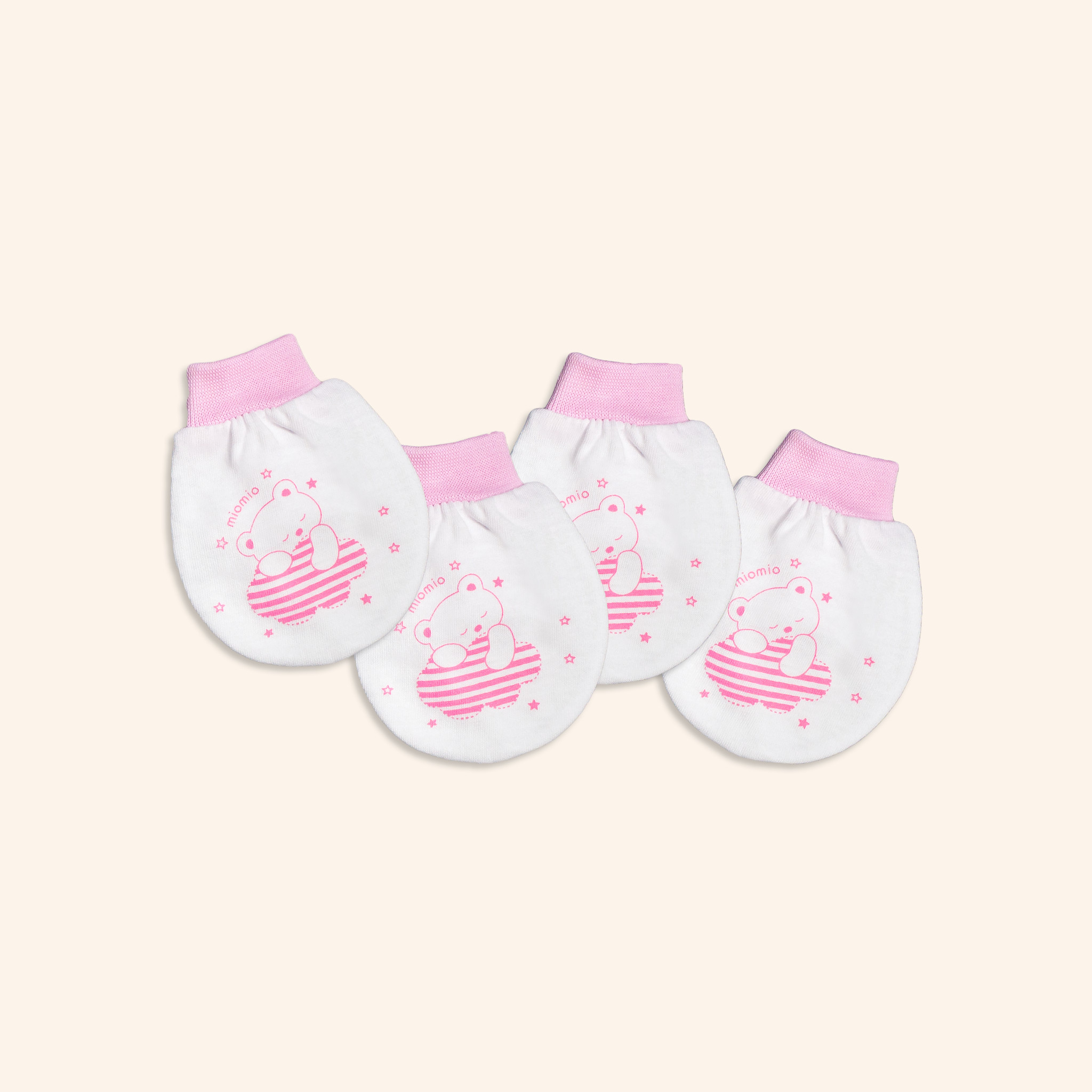 Set 2 đôi bao tay bo miomio. in hình: gấu mây, xe nôi, teddy, ngôi sao dành cho bé sơ sinh, vải 100% cotton