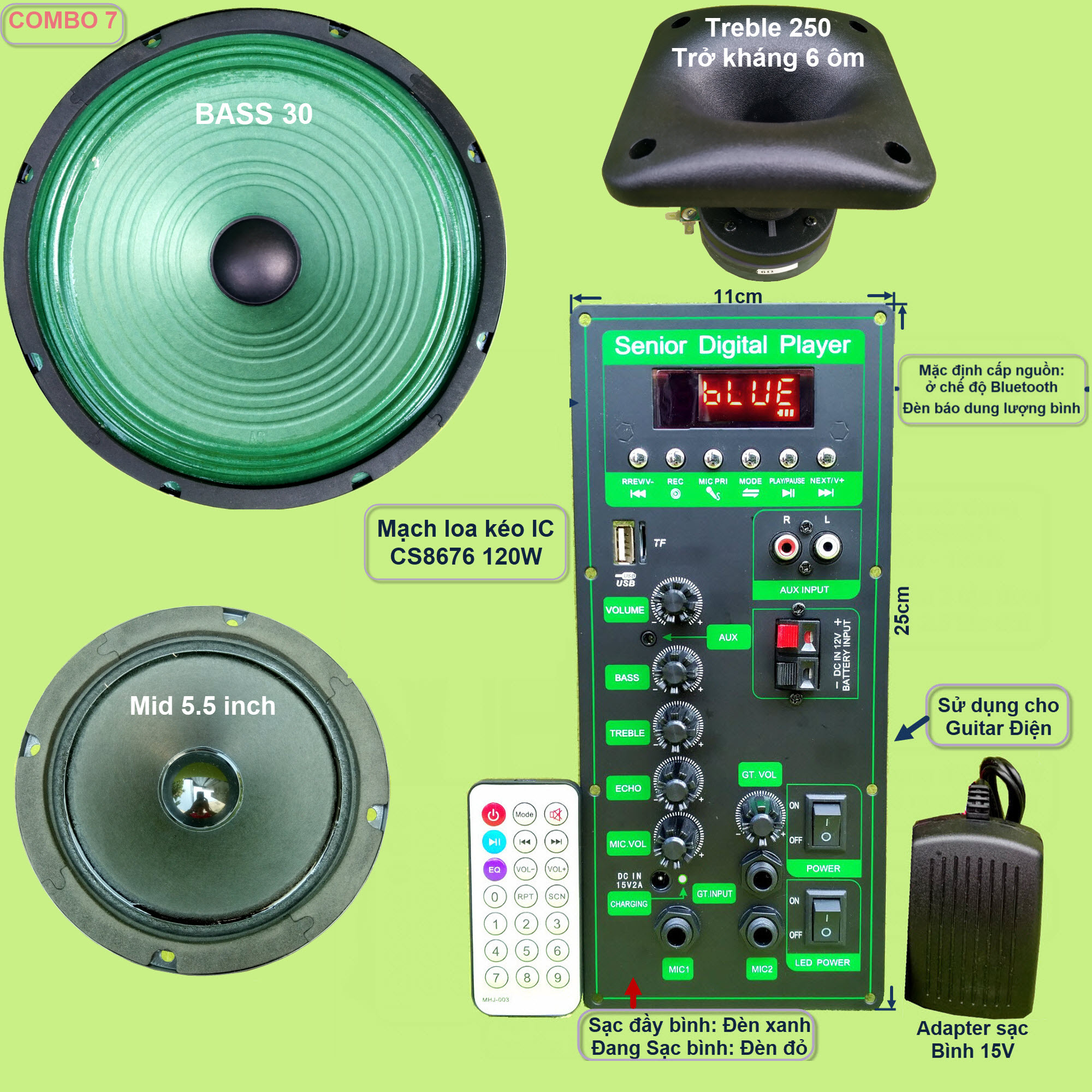 Mạch loa kéo 3 tấc đơn 3 đường tiếng CS8676 công suất 120W kèm Bass 3 tấc màng xanh + Treble 250 + Mid 5.5 inch và kèm Micro