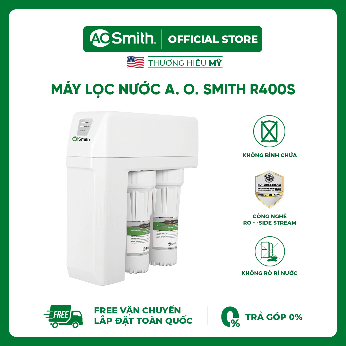 [Trả góp 0%]Máy lọc nước A. O. Smith R400S (Màn hình cảnh báo dạng 2 nút LED)