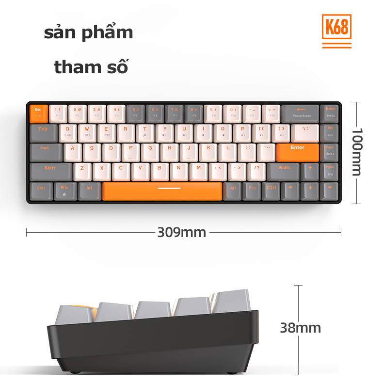 Bàn phím cơ không dây K68bt,3 chế độ Bluetooth 2.4 GHz 68 Phím Hotswap Red Switch sử dụng Máy Tính/Điện Thoại/Tablet