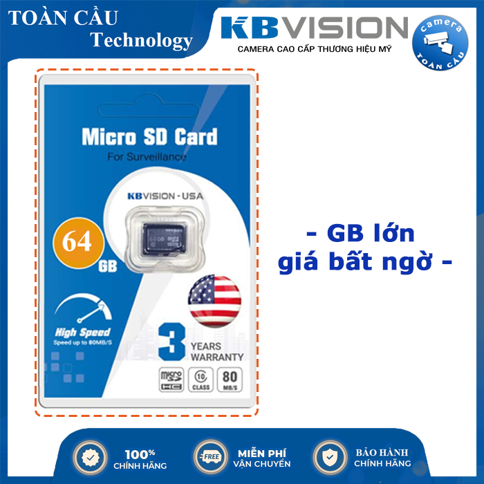 [100% CHÍNH HÃNG] Thẻ Nhớ Micro SD KBVISION 64GB - Tốc độ đọc lên tới Class 10 - Camera Toàn Cầu