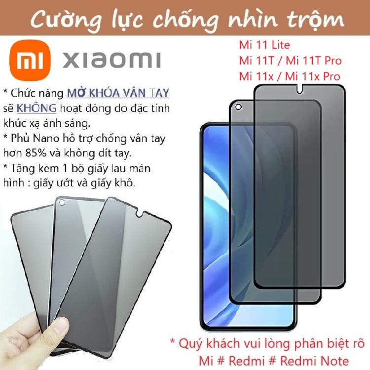 Cường lực chống nhìn trộm Xiaomi Mi 11 Lite / Mi 11T / Mi 11X / Mi 11T Pro / Mi 11X Pro / 4G / 5G (Full màn Full keo)