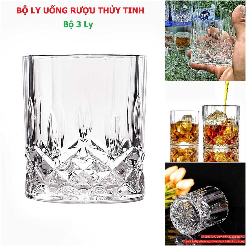 Bộ Ly Uống Rượu Đẹp 215ML (bộ 3 cái) thủy tinh cao cấp đế dày – Bộ Ly Uống Rượu Mạnh – Ly Rượu Thủy Tinh - Cốc Uống Rượu siêu trong