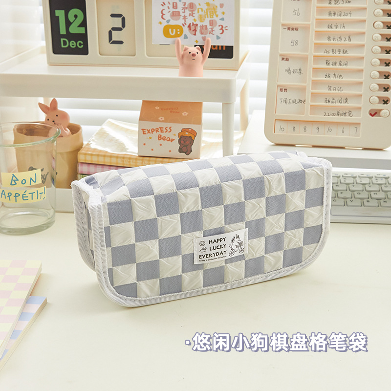 Hộp bút vải canvas sọc Caro túi bút doublle pen case siêu to đa năng đựng bút, mỹ phẩm tiện dụng.