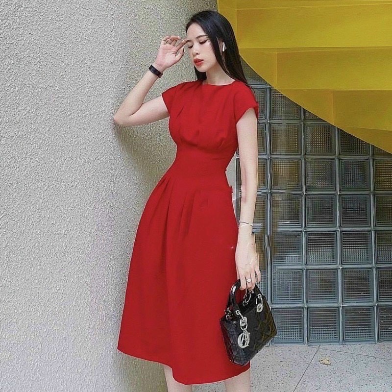 Đầm xếp li eo tay con 2 màu