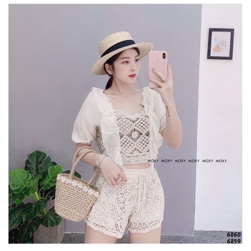 💥16-Set ren đi biển áo croptop pha ren quần ren hoa