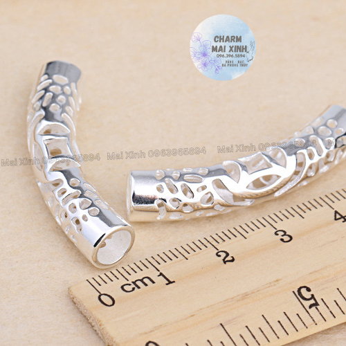 Ống dài to khắc hoa văn lỗ - bạc trắng 925 - charm phụ kiện xâu phối vòng tay phong thủy nam nữ