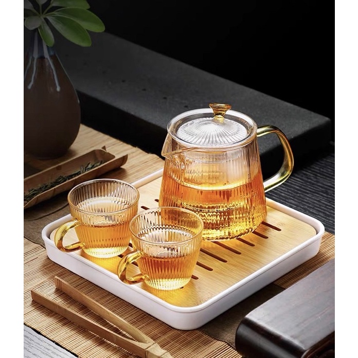 Bộ ấm + chén trà thuỷ tinh decor vân sọc sang trọng