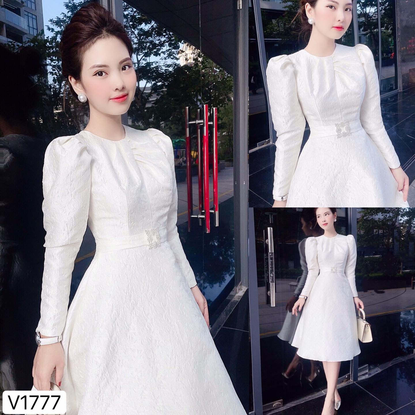 Đầm trắng gấm xòe cao cấp (V1777)- Đầm dự tiệc cao cấp