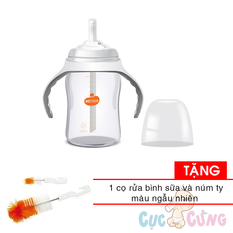 Bình đựng nước có ống hút cho bé uống nước Wesser 260ml - Tặng 1 cọ rửa bình sữa