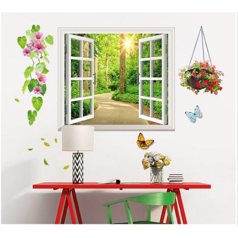 Decal dán tường cửa sổ xanh