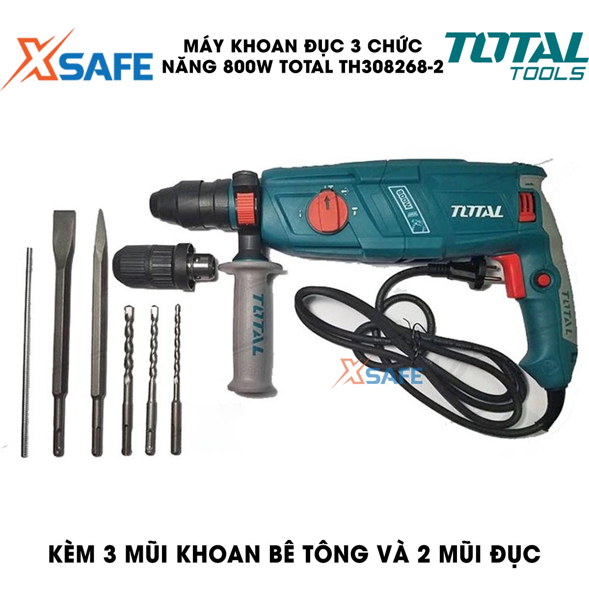 Máy khoan búa cầm tay 3 chức năng 800w Total TH308268-2 đầu gài sds plus, tốc độ 1100rpm, tốc độ búa 4000bpm, lực đập 2.5j, khoan bê tông 26mm, sắt 13mm, gỗ 30mm, kèm 3 mũi khoan bê tông và 2 mũi đục Máy khoan đục