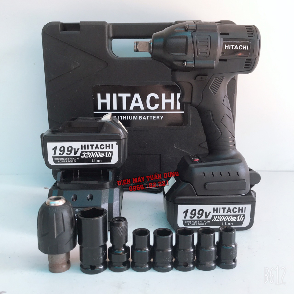 Máy siết mở ốc bulong Hitachi cầm tay 199V Kèm 2 pin - Tặng 1 đầu chuyển vít + 5 đầu khẩu + 1 đầu khoan 10N