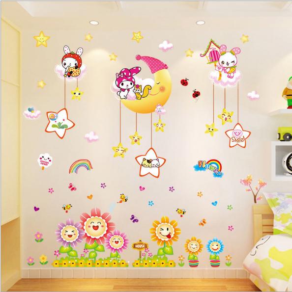 BỘ COMBO DECAL GHÉP ĐÔI TRANG TRÍ - TRĂNG SAO PHỐI HOA HƯỚNG DƯƠNG CHO BÉ ( 2 TẤM )