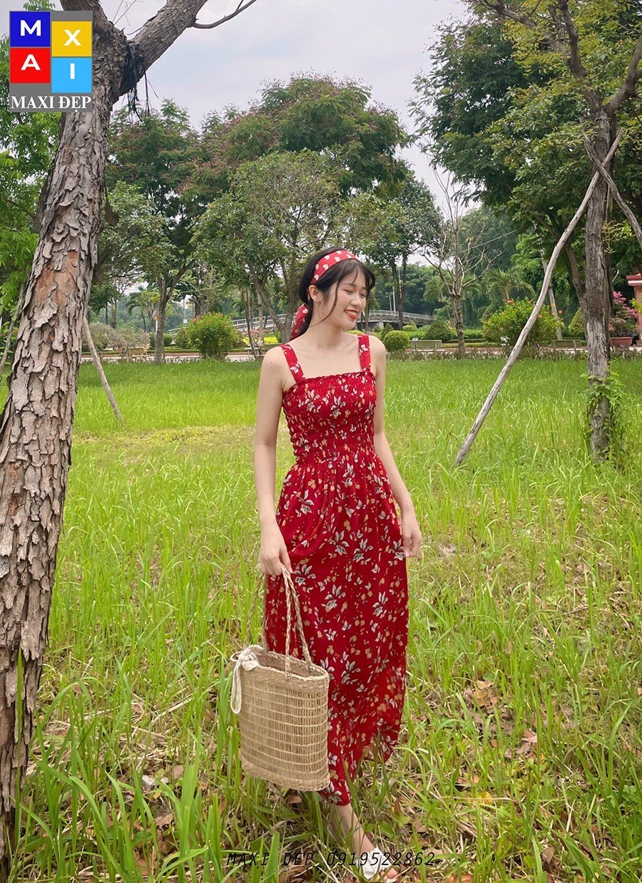 Đầm 2 Dây Hoa Đỏ Maxi Đẹp Hottrend Freesize Cho Nàng