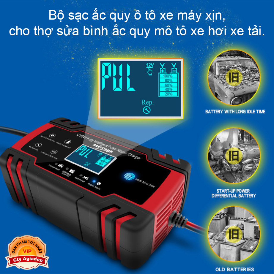 Bộ sạc acqui oto xe máy xịn, cho thợ sửa bình ăc quy mô tô xe hơi xe tải - Xuất Châu Âu AGD-J30