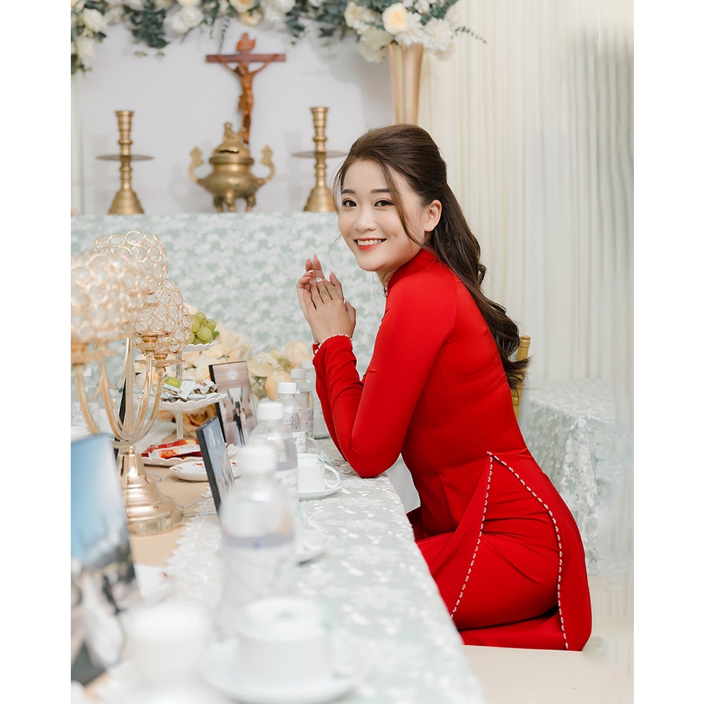 Áo dài [CAM HOUSE] áo dài cưới đẹp chất liệu lụa đính phale